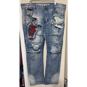 Y2K CONTENDER Blue Denim Jeans Distressed Embroidered Roses Mens 42x34 Thrashed